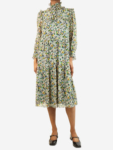 Celine Blue floral printed ruffled midi dress - size UK 6