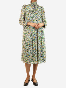 Celine Blue floral printed ruffled midi dress - size UK 6