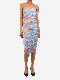 Blue strapless ruched floral mini dress - size UK 8