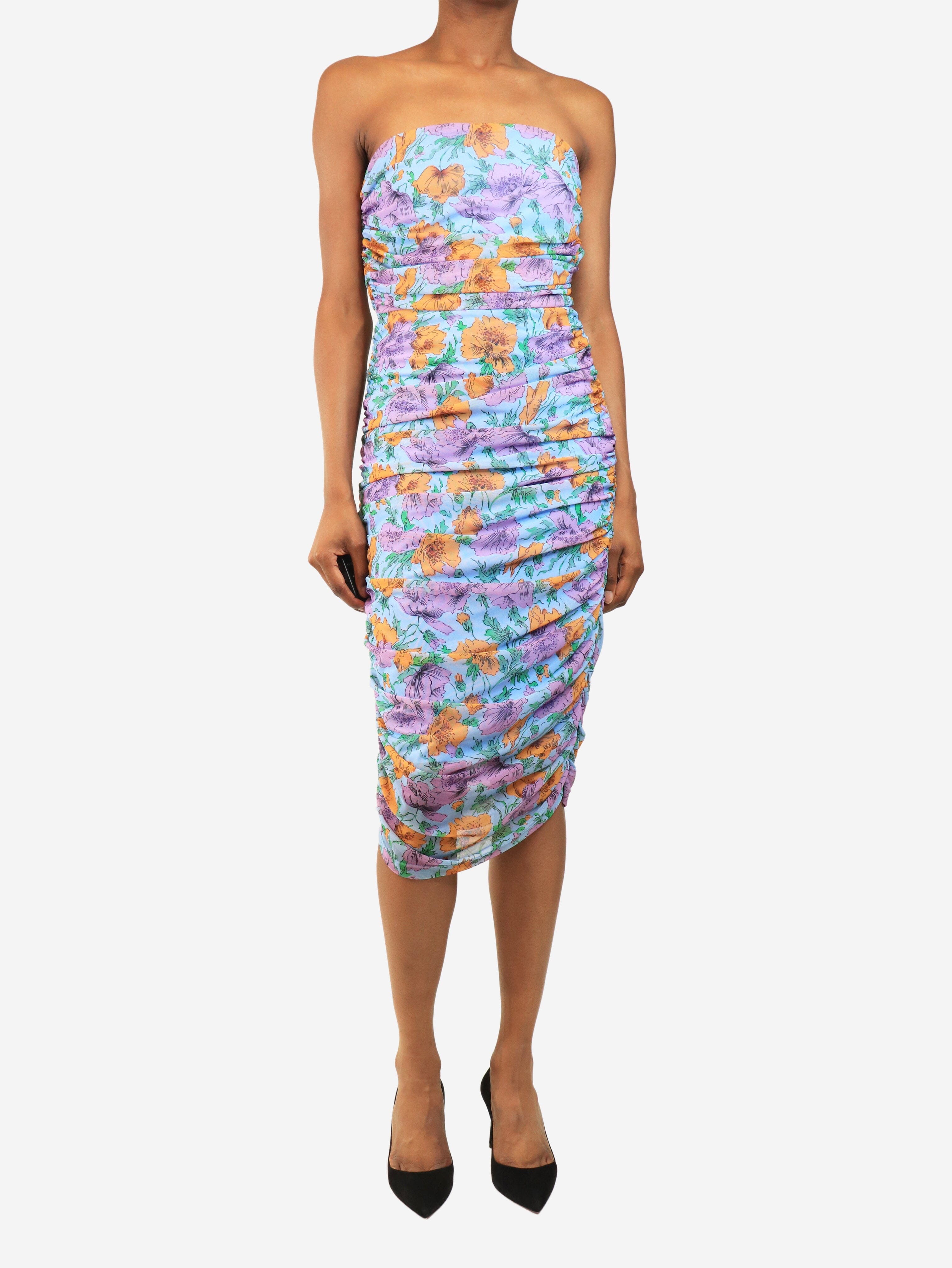 Blue strapless ruched floral mini dress - size UK 8