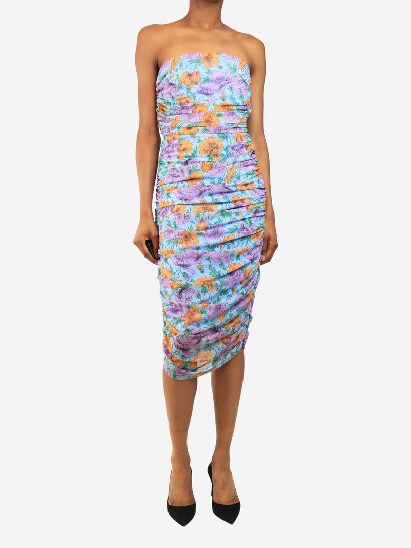 Blue strapless ruched floral mini dress - size UK 8