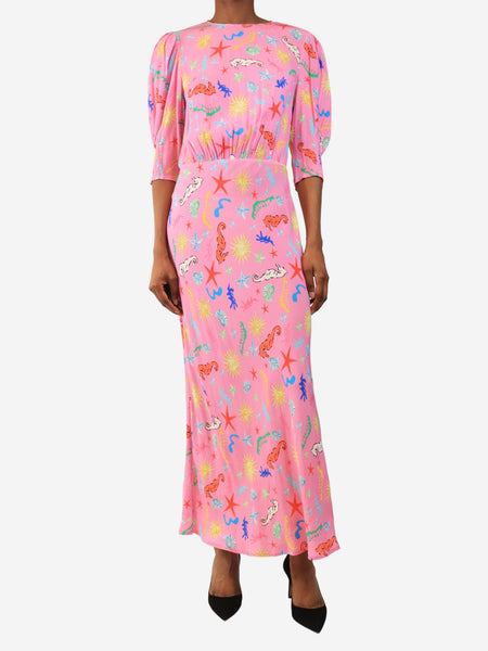 Pink printed crepe midi dress - size UK 6 product image
