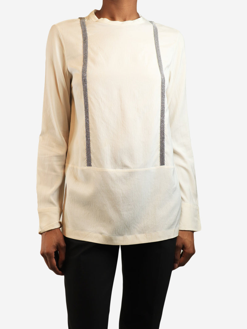 Beige silk beaded front long-sleeve top - size S Tops Brunello Cucinelli 