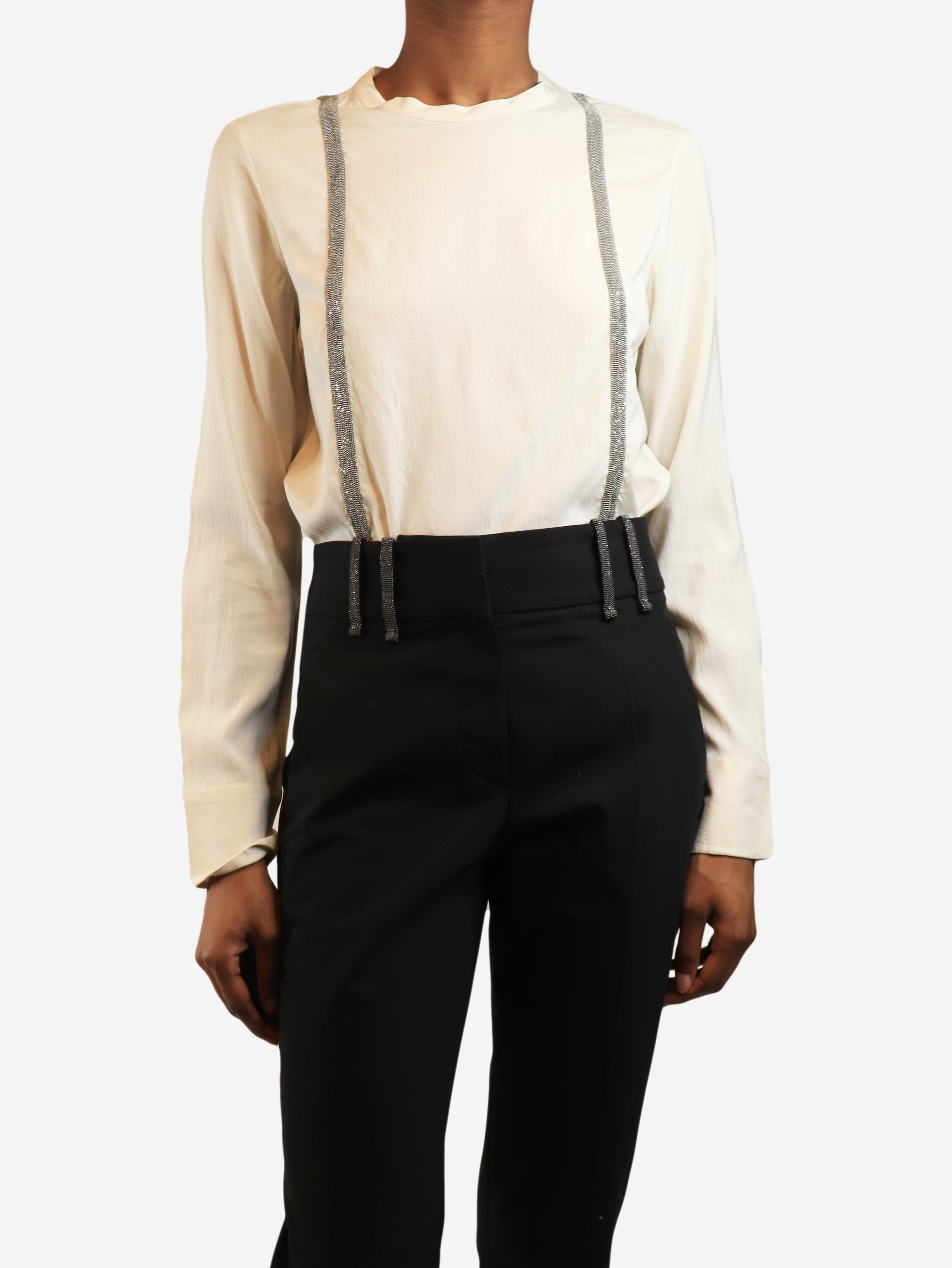 Beige silk beaded front long-sleeve top - size S Tops Brunello Cucinelli 