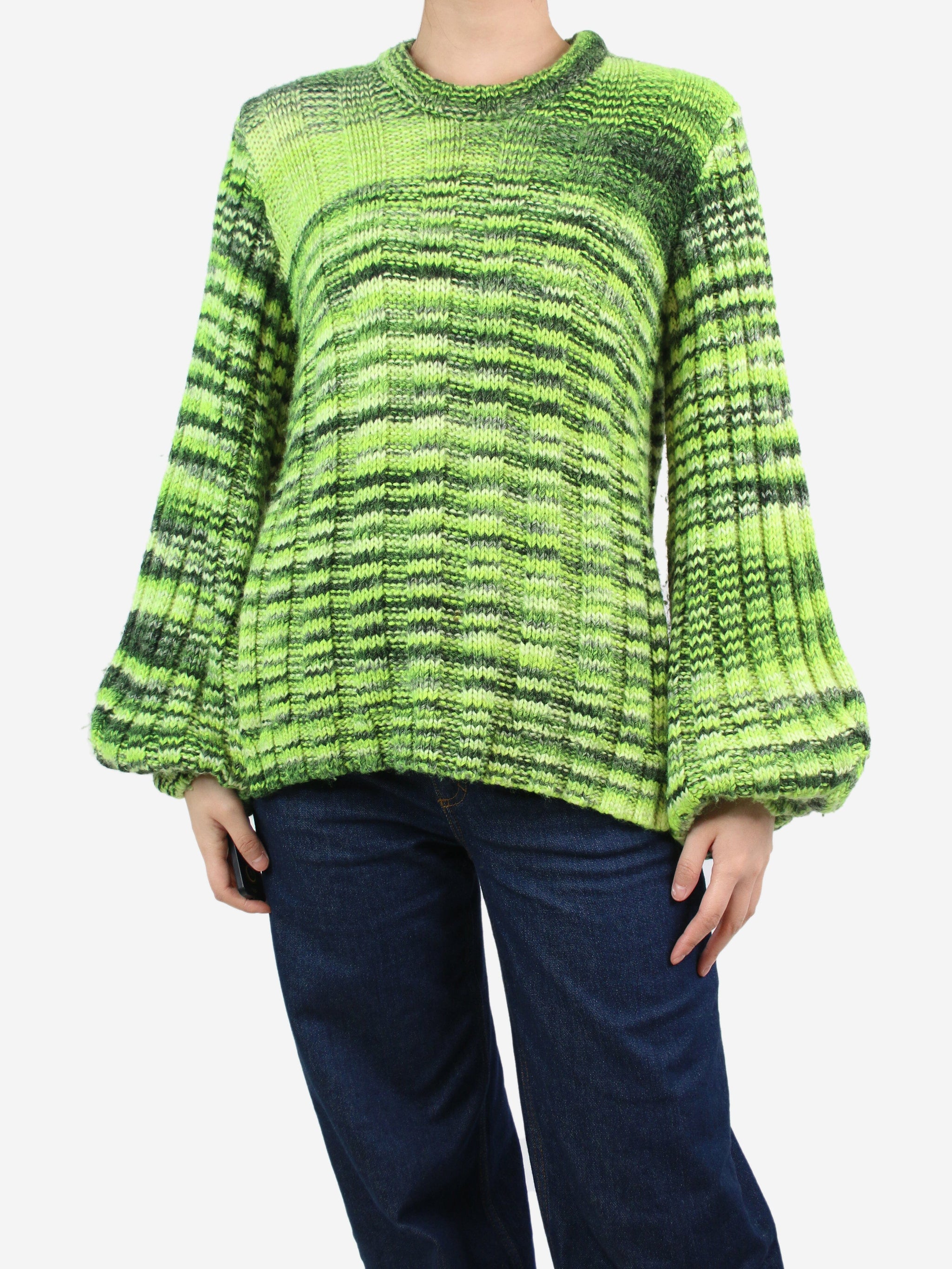 Ganni pre owned green balloon sleeve Melange jumper size M