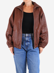 Sandro Bordeaux high-neck leather jacket - size UK 8