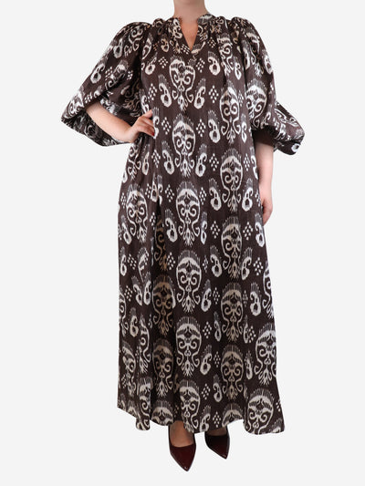 Brown and white puff-sleeved printed dress - size UK 12 Dresses Gaia 