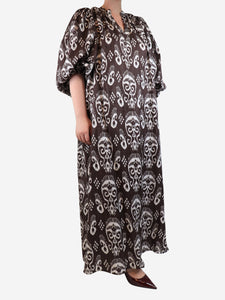 Gaia Brown and white puff-sleeved printed dress - size UK 12