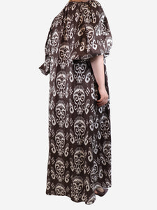 Gaia Brown and white puff-sleeved printed dress - size UK 12