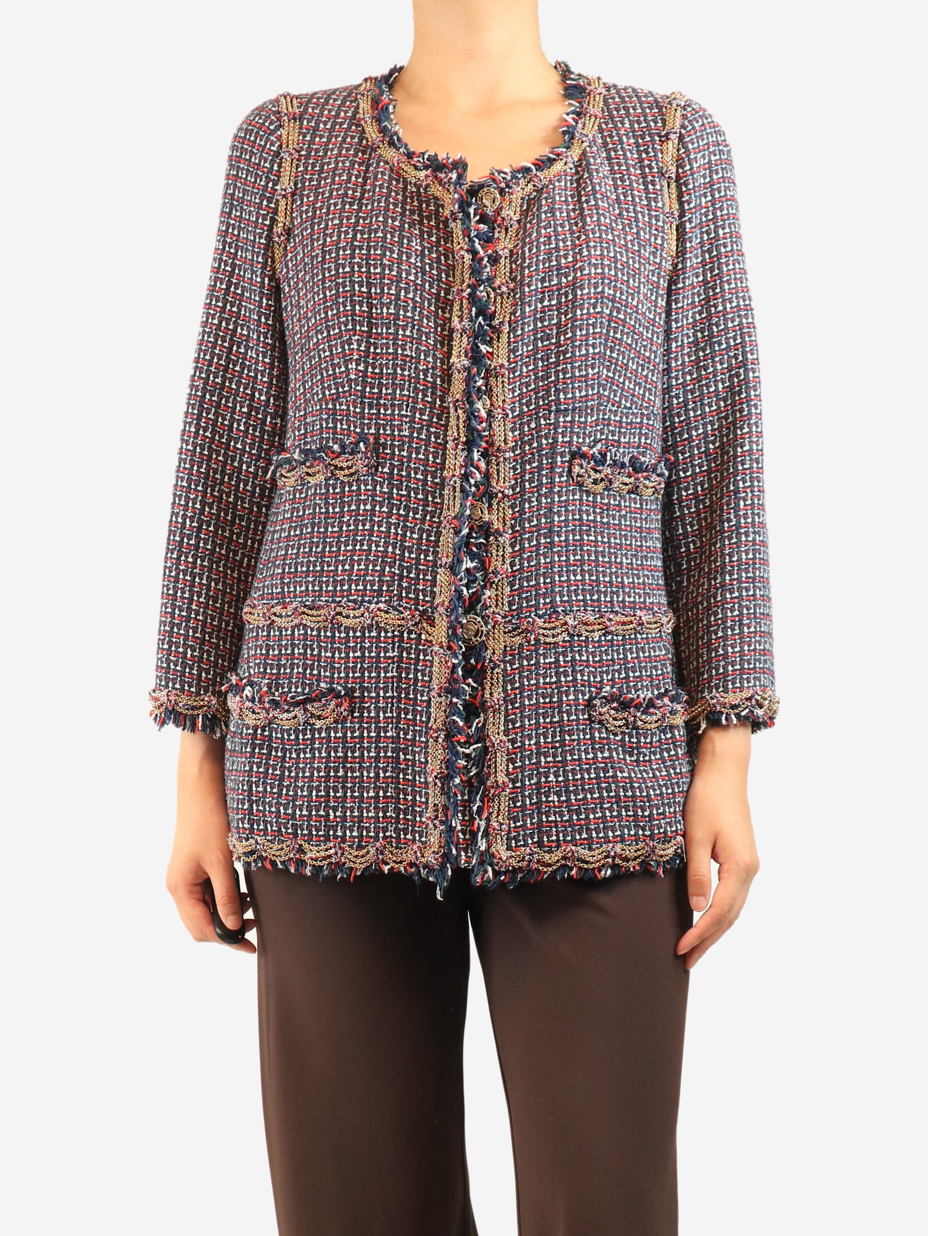 Navy and red tweed chain-trim jacket - size UK 10