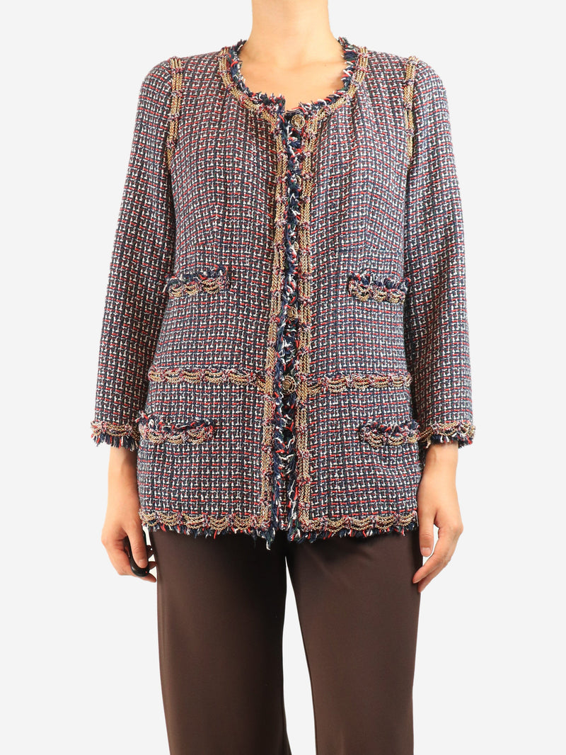 Navy and red tweed chain-trim jacket - size UK 10