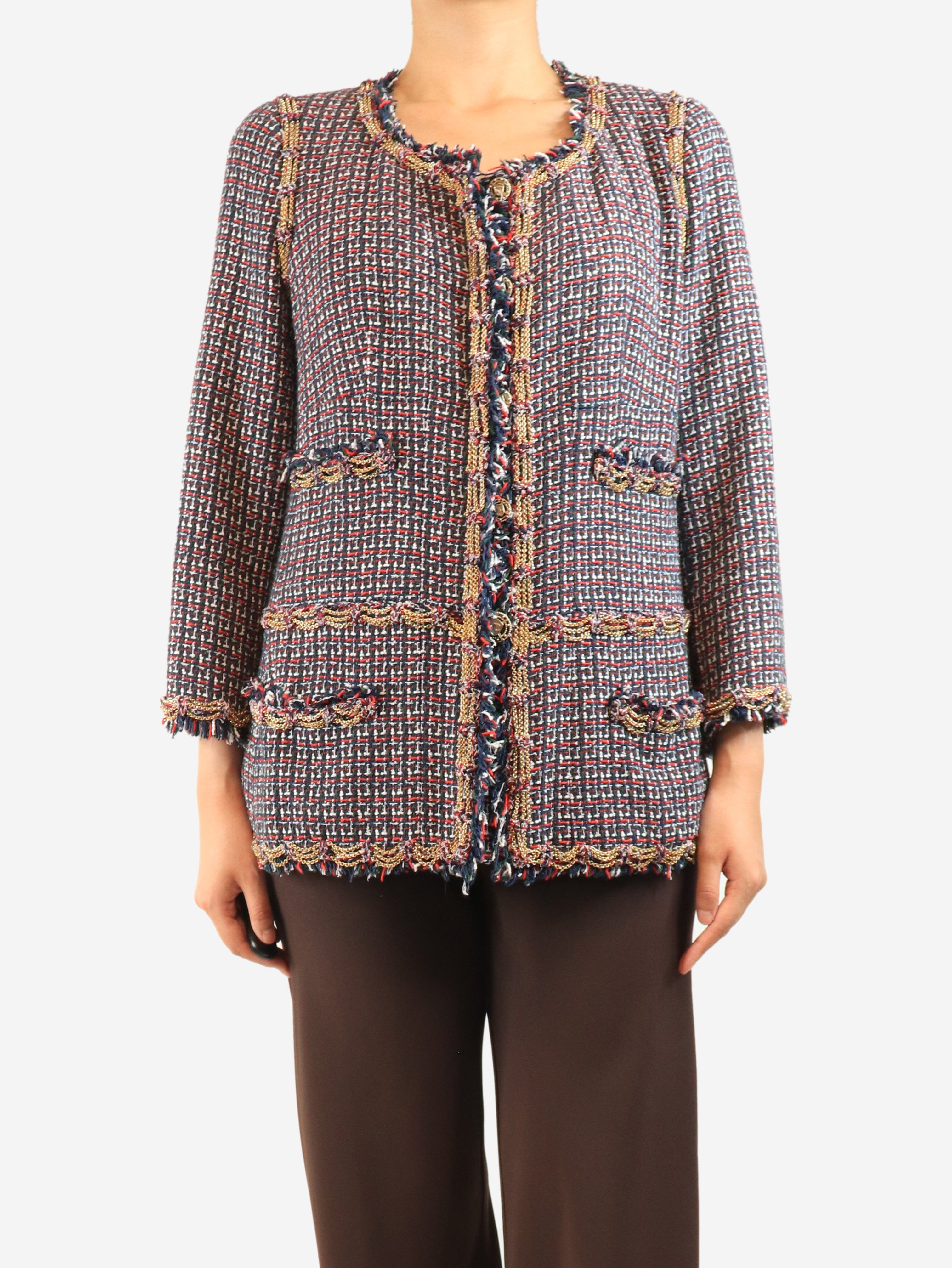 Navy and red tweed chain-trim jacket - size UK 10