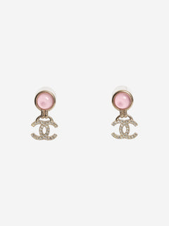 Gold and pink CC rhinestone drop earrings