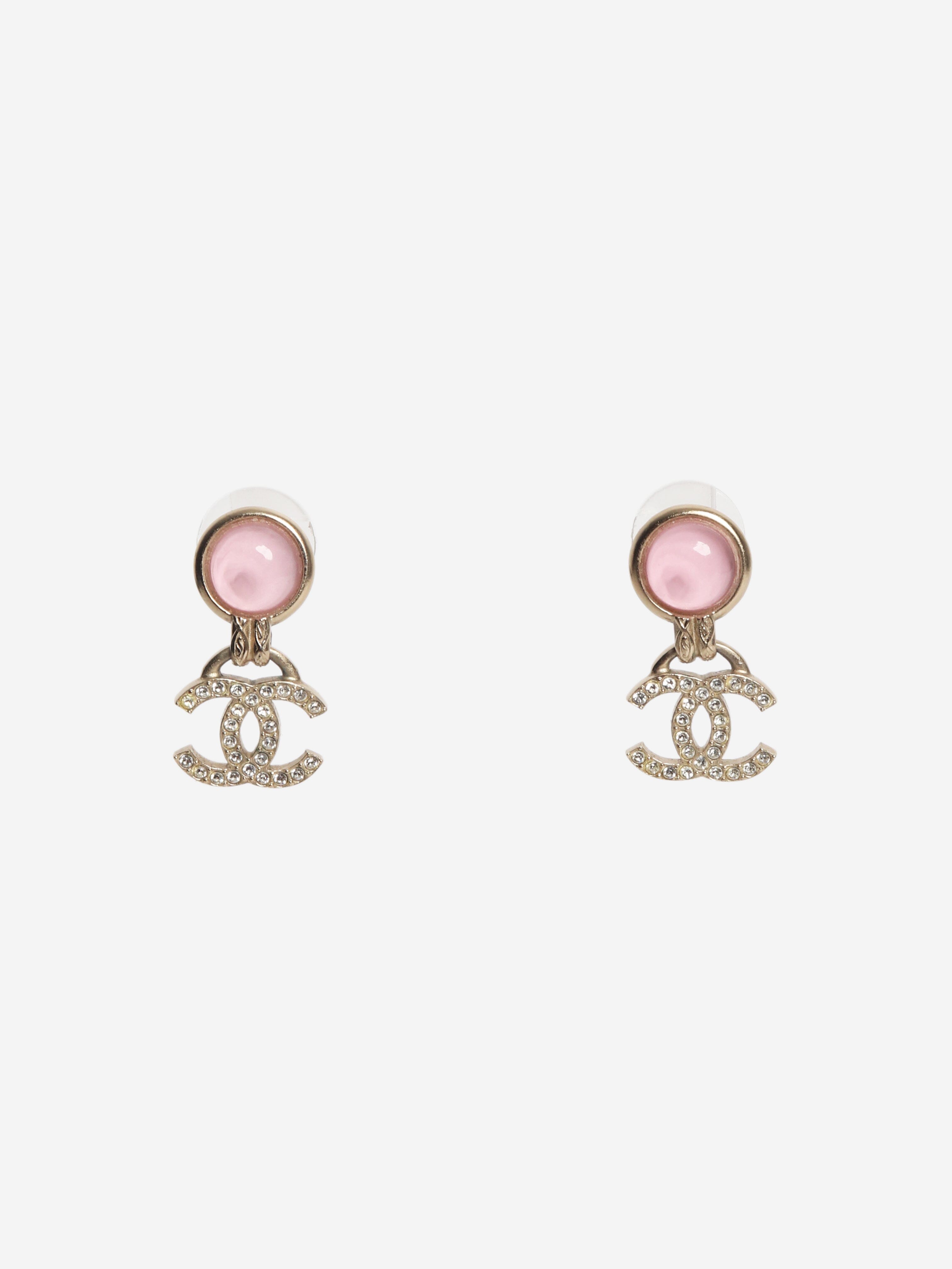 Gold and pink CC rhinestone drop earrings