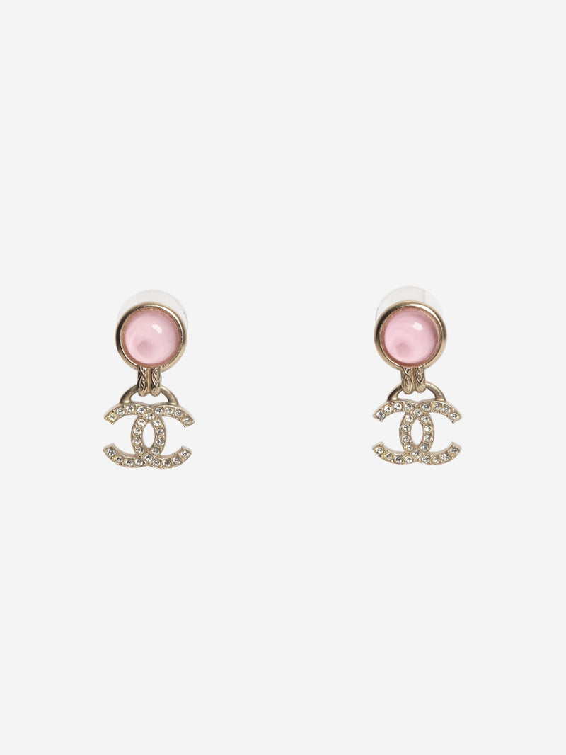 Gold and pink CC rhinestone drop earrings