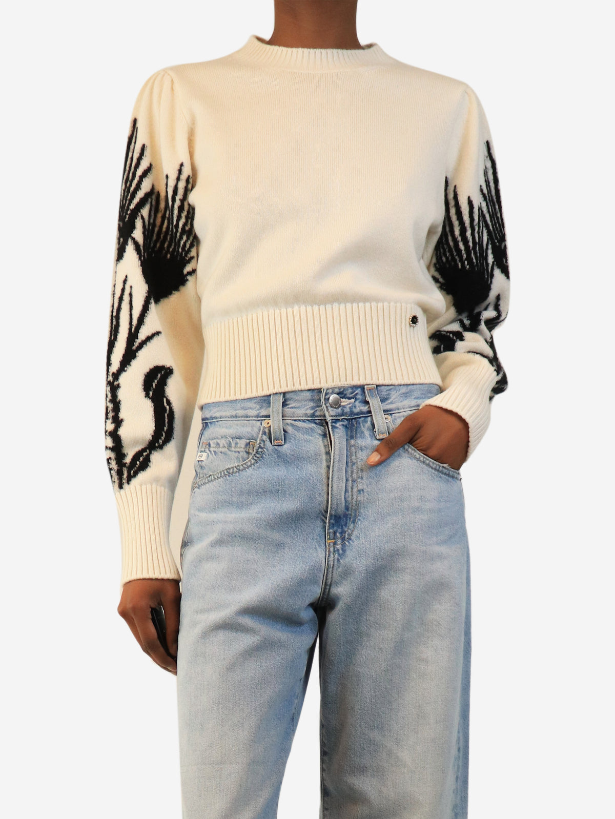 'Château des Dames' Métiers D'Art Pre-Fall 2021 cream and black cashmere jumper - size UK 8