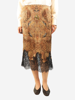 Brown silk leopard print lace-trim skirt - size L Skirts Camilla 
