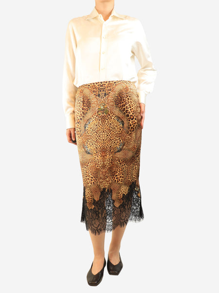 Brown silk leopard print lace-trim skirt - size L alternate image