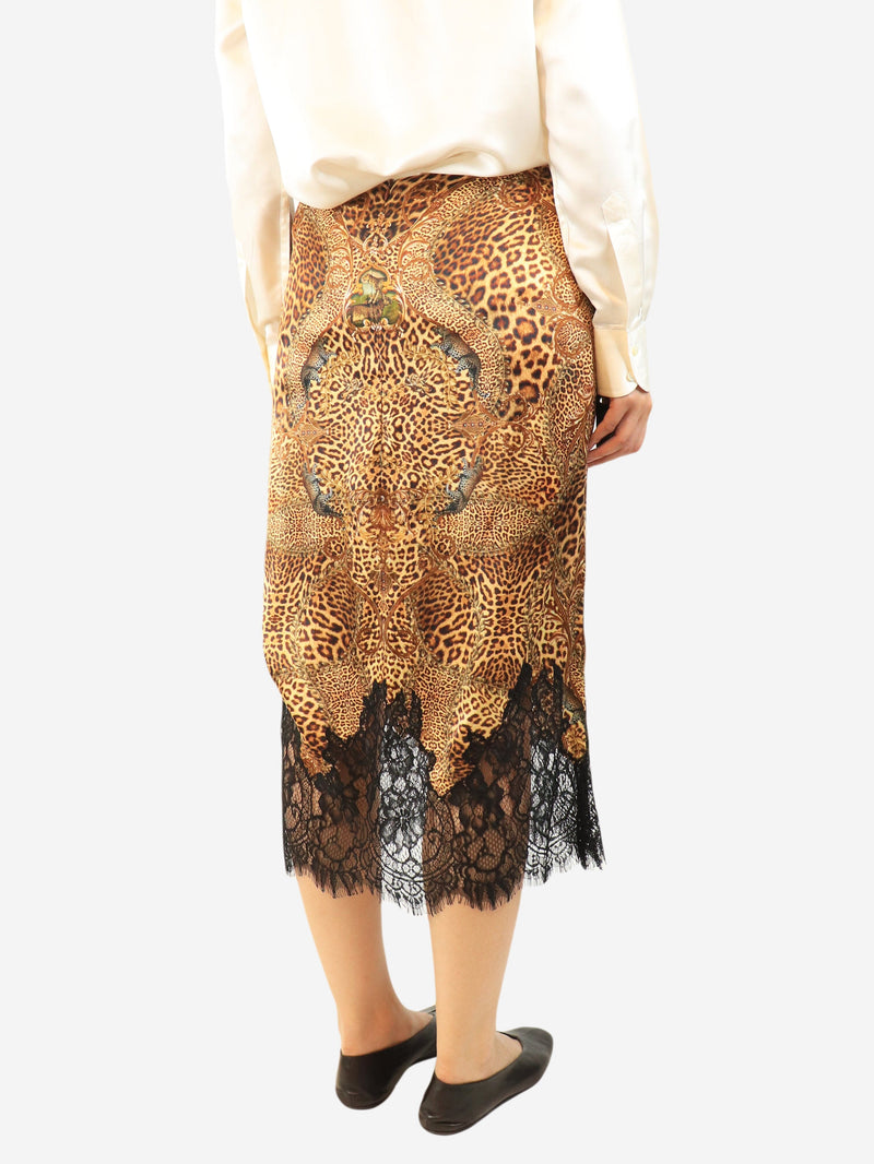 Brown silk leopard print lace-trim skirt - size L Skirts Camilla 