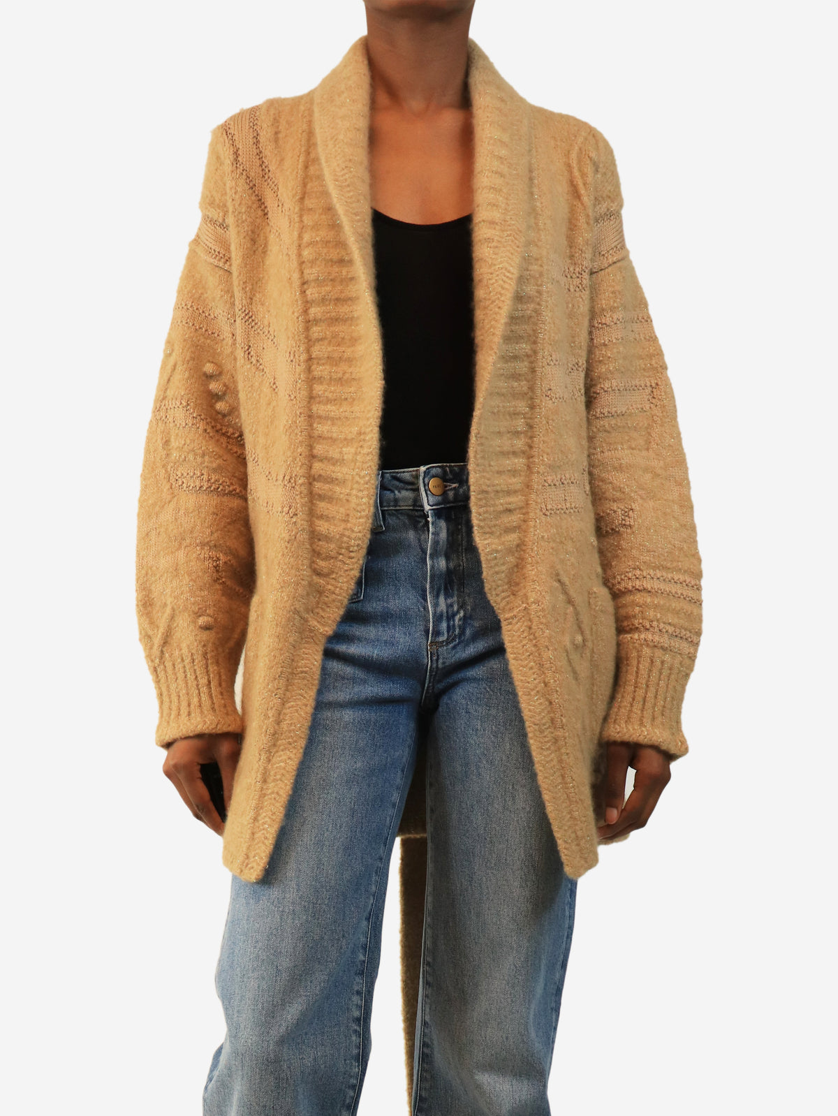 Light brown heavy-knit cardigan - size UK 8