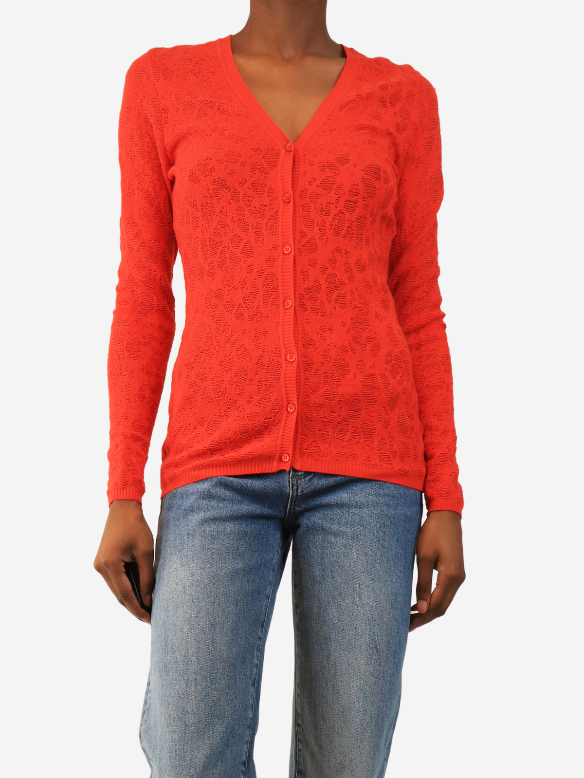 Red Raschel v-neck cardigan - size UK 8