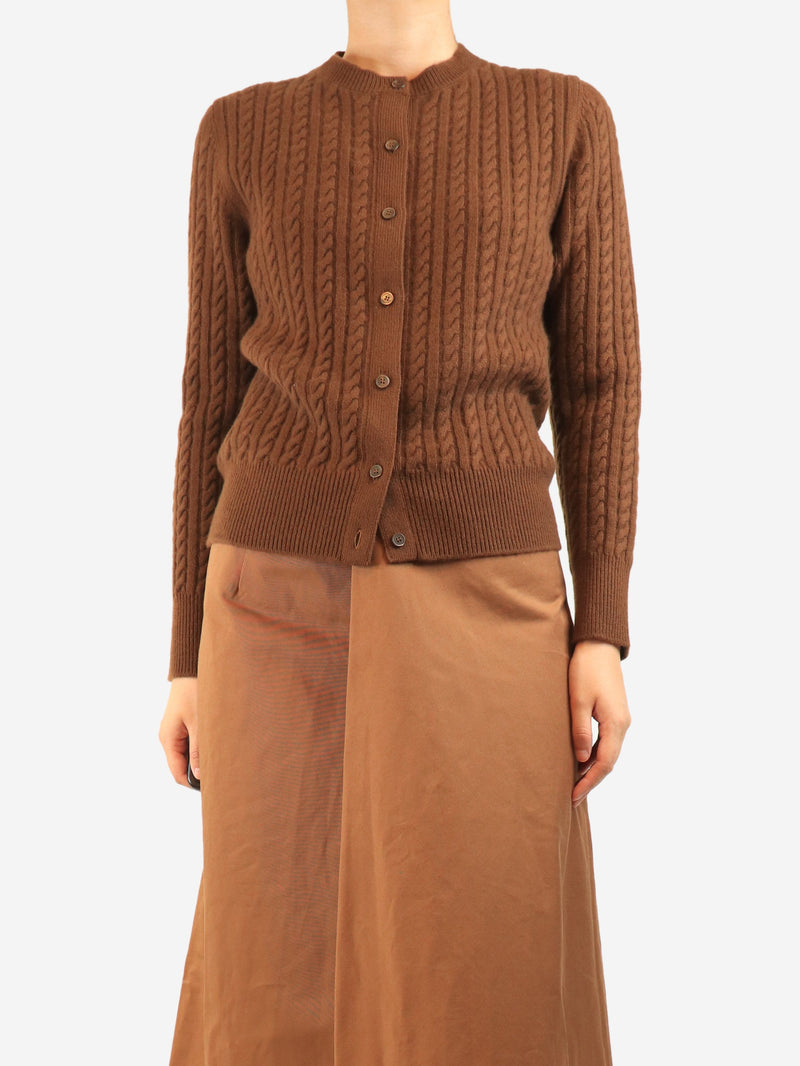 Tobacco cable-knit cashmere cardigan - size UK 12