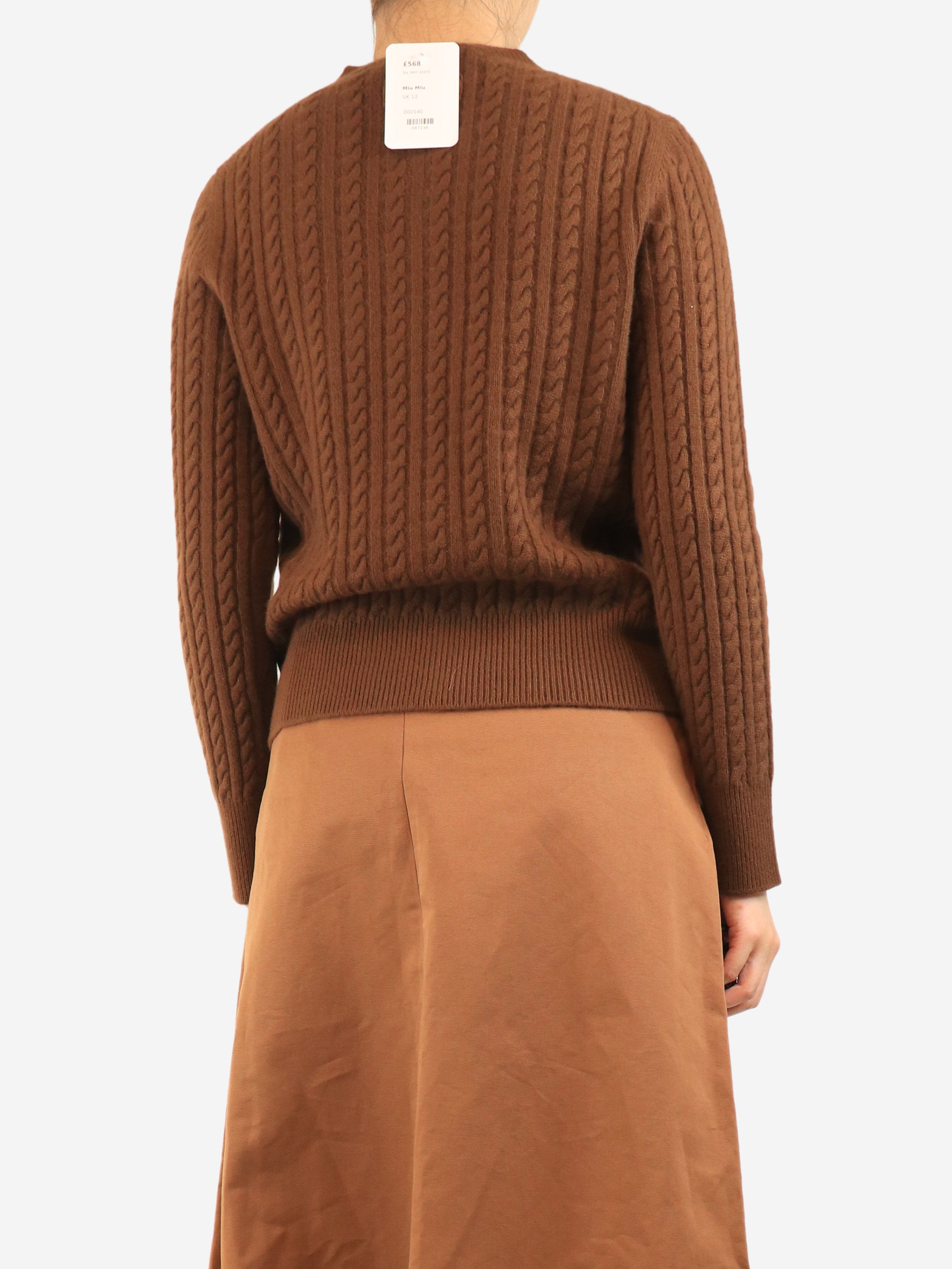 Tobacco cable-knit cashmere cardigan - size UK 12