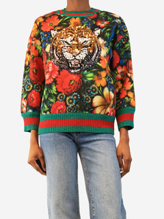 Multicolour floral tiger-sequin sweatshirt - size S