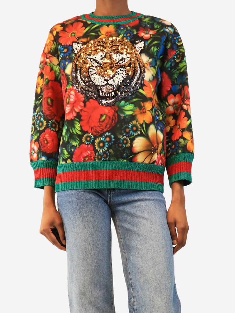 Multicolour floral tiger-sequin sweatshirt - size S