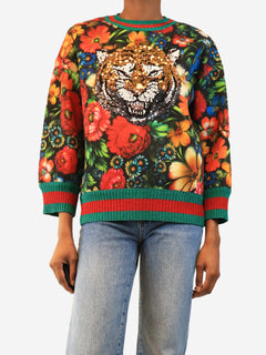 Multicolour floral tiger-sequin sweatshirt - size S