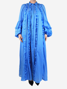 Joslin Blue ruffled embroidered cotton maxi dress - size UK 12