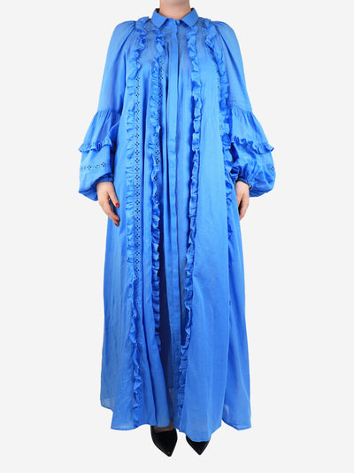 Blue ruffled embroidered cotton maxi dress - size UK 12 Dresses Joslin 