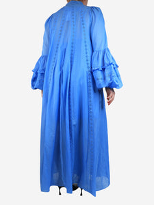 Joslin Blue ruffled embroidered cotton maxi dress - size UK 12