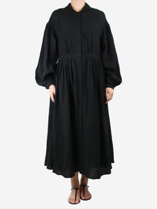 Hallelujah Black puff-sleeve belted linen midi dress - size UK 10