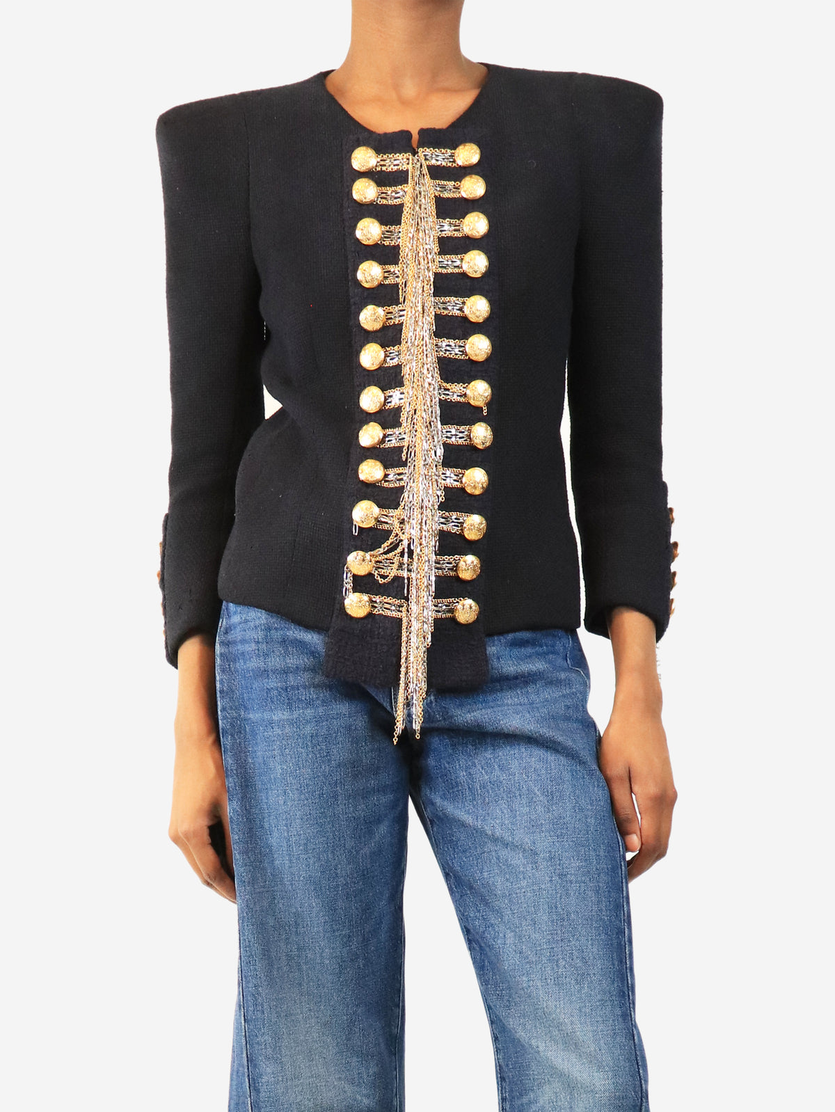 Navy FW10 chain-embellished Napoleon jacket - size UK 10