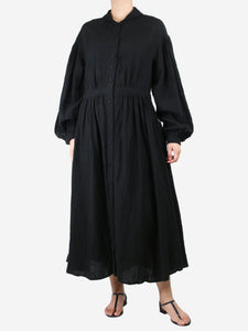 Hallelujah Black puff-sleeve belted linen midi dress - size UK 10