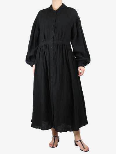 Black puff-sleeve belted linen midi dress - size UK 10 Dresses Hallelujah 