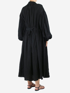 Hallelujah Black puff-sleeve belted linen midi dress - size UK 10