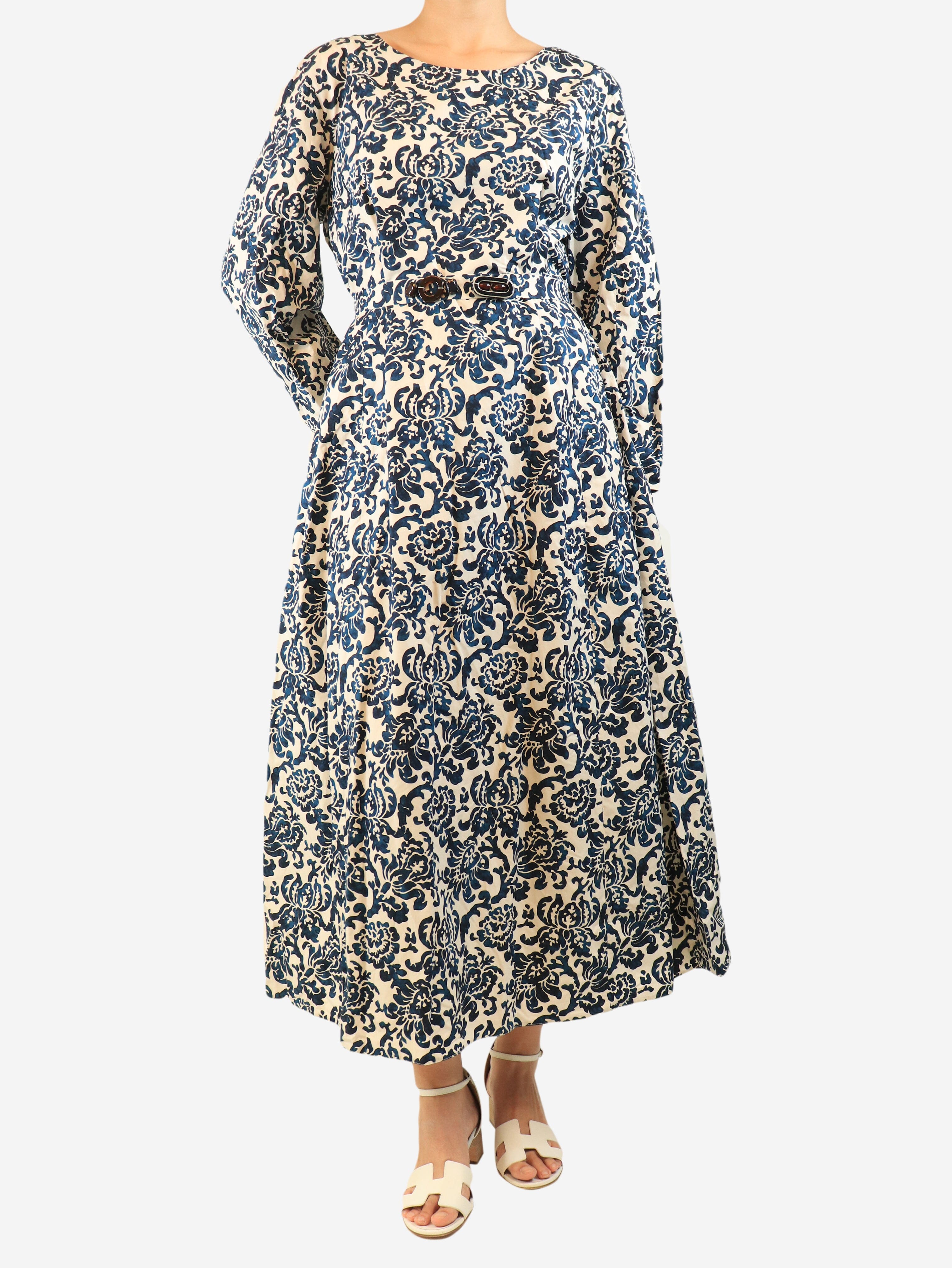 Blue and ecru printed midi dress - size UK 18 Dresses S'Max Mara 