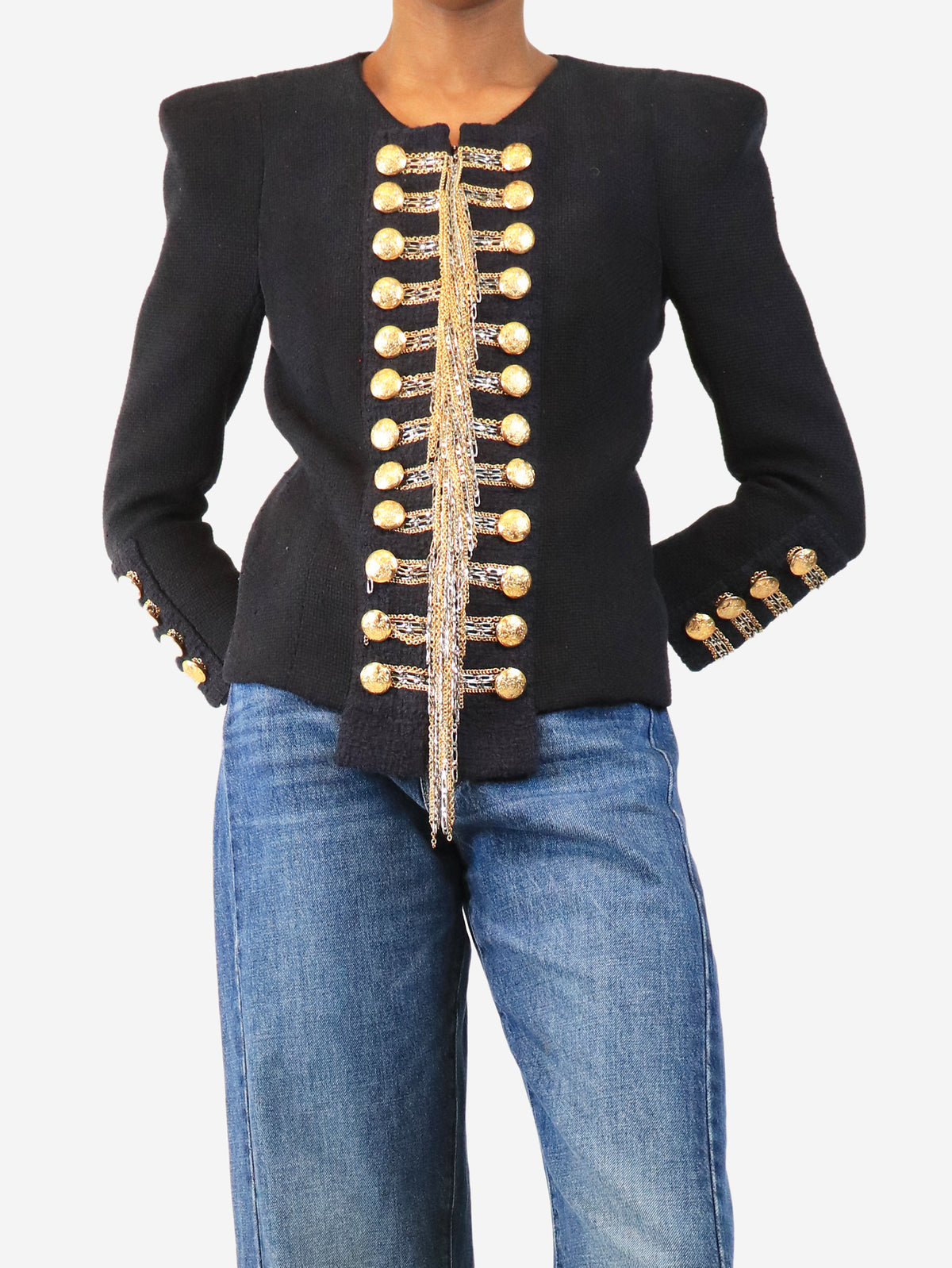 Navy FW10 chain-embellished Napoleon jacket - size UK 10