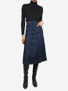 Ba&sh Blue belted denim A-line midi skirt - size UK 6