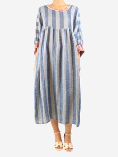 Blue striped linen-blend midi dress - size M
