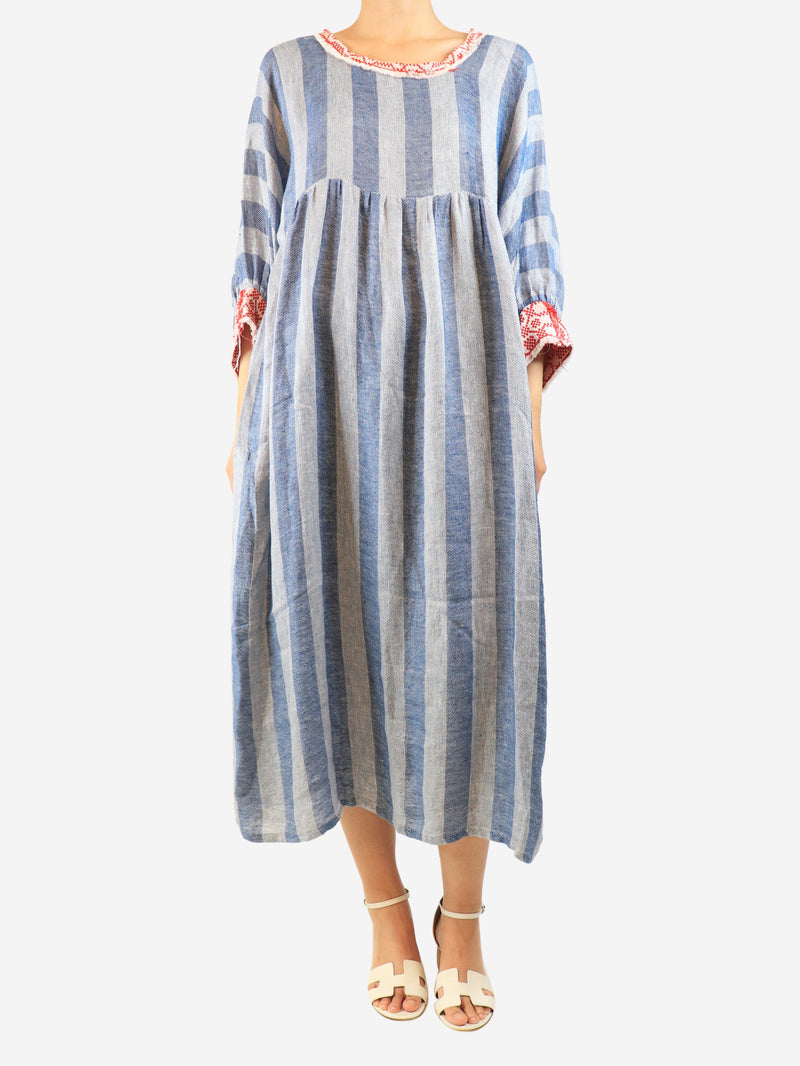 Blue striped linen-blend midi dress - size M