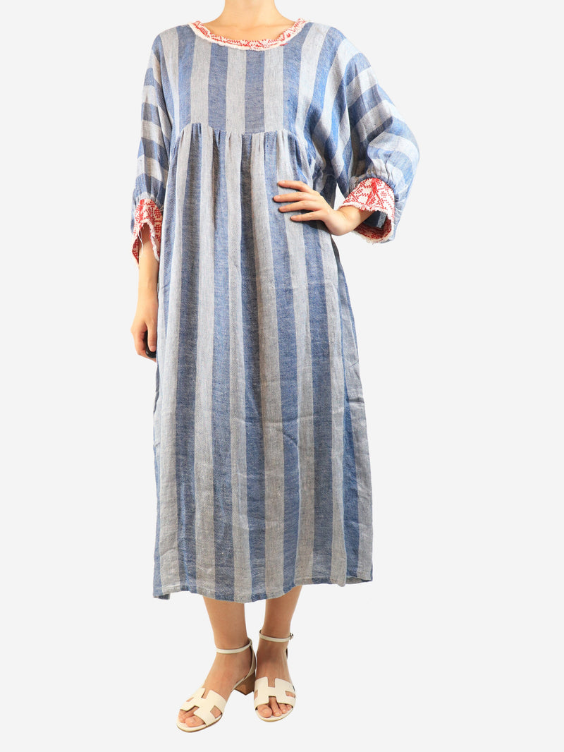 Blue striped linen-blend midi dress - size M