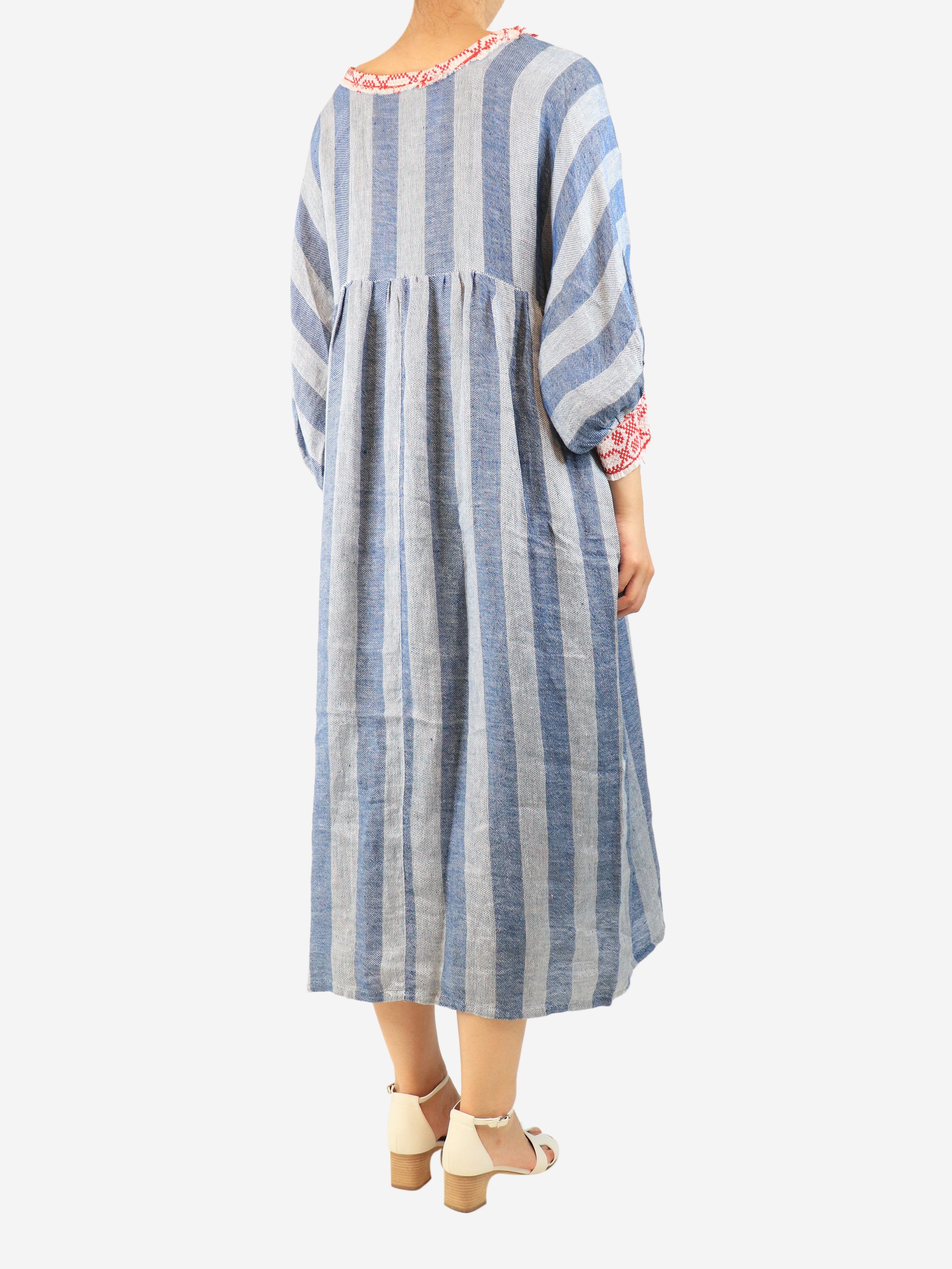 Blue striped linen-blend midi dress - size M