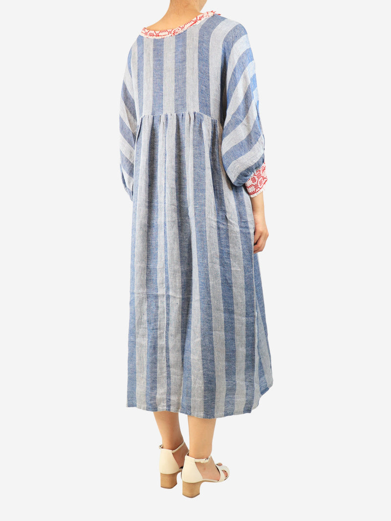 Blue striped linen-blend midi dress - size M