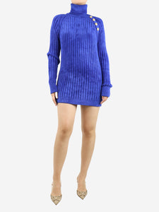 Balmain Blue velvet ribbed high-neck jumper - size UK 6