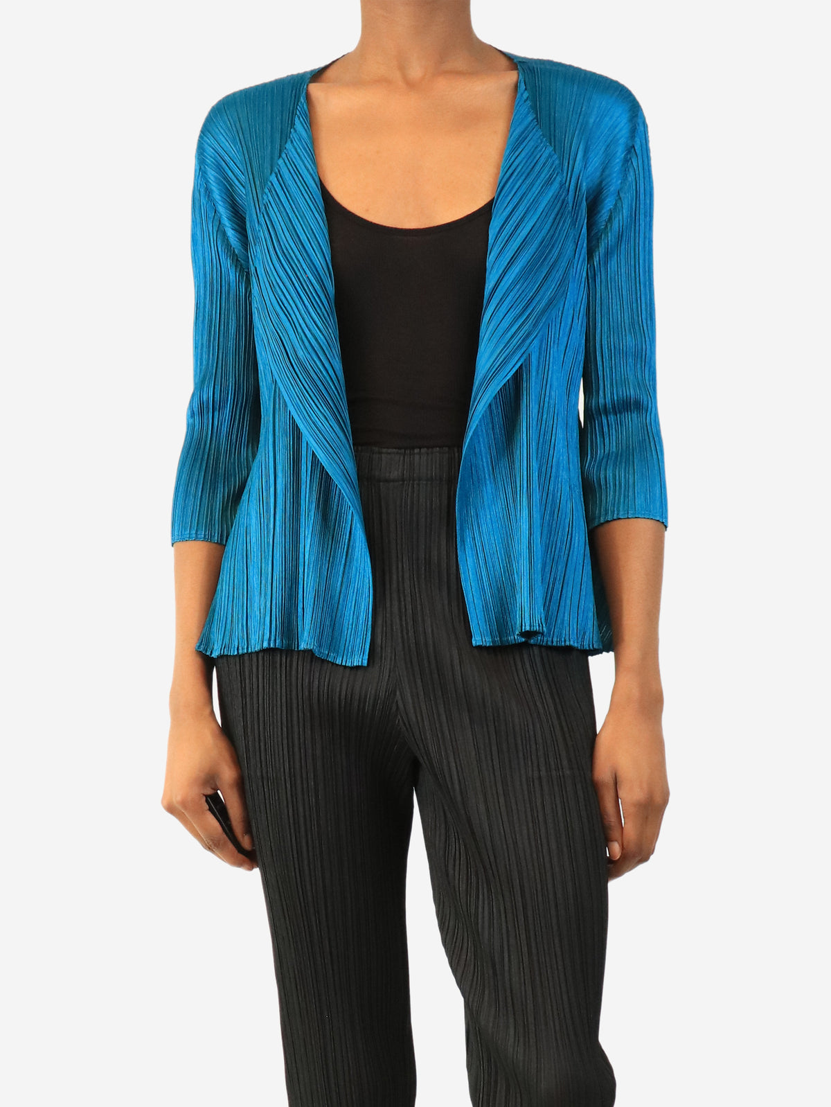Teal pleated open-front cardigan - size M