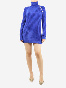 Balmain Blue velvet ribbed high-neck jumper - size UK 6