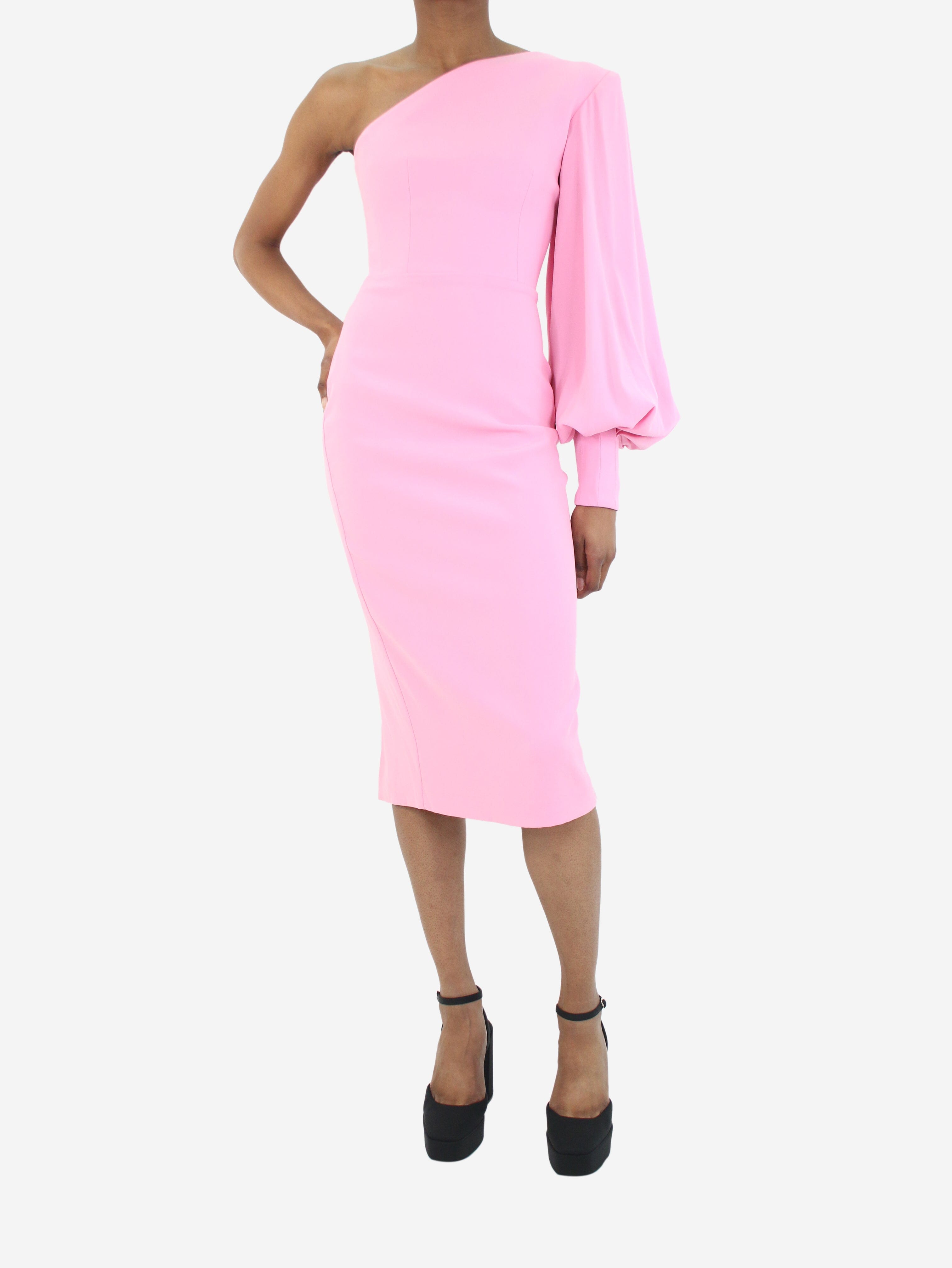 Pink satin crepe single balloon sleeve dress - size UK 6